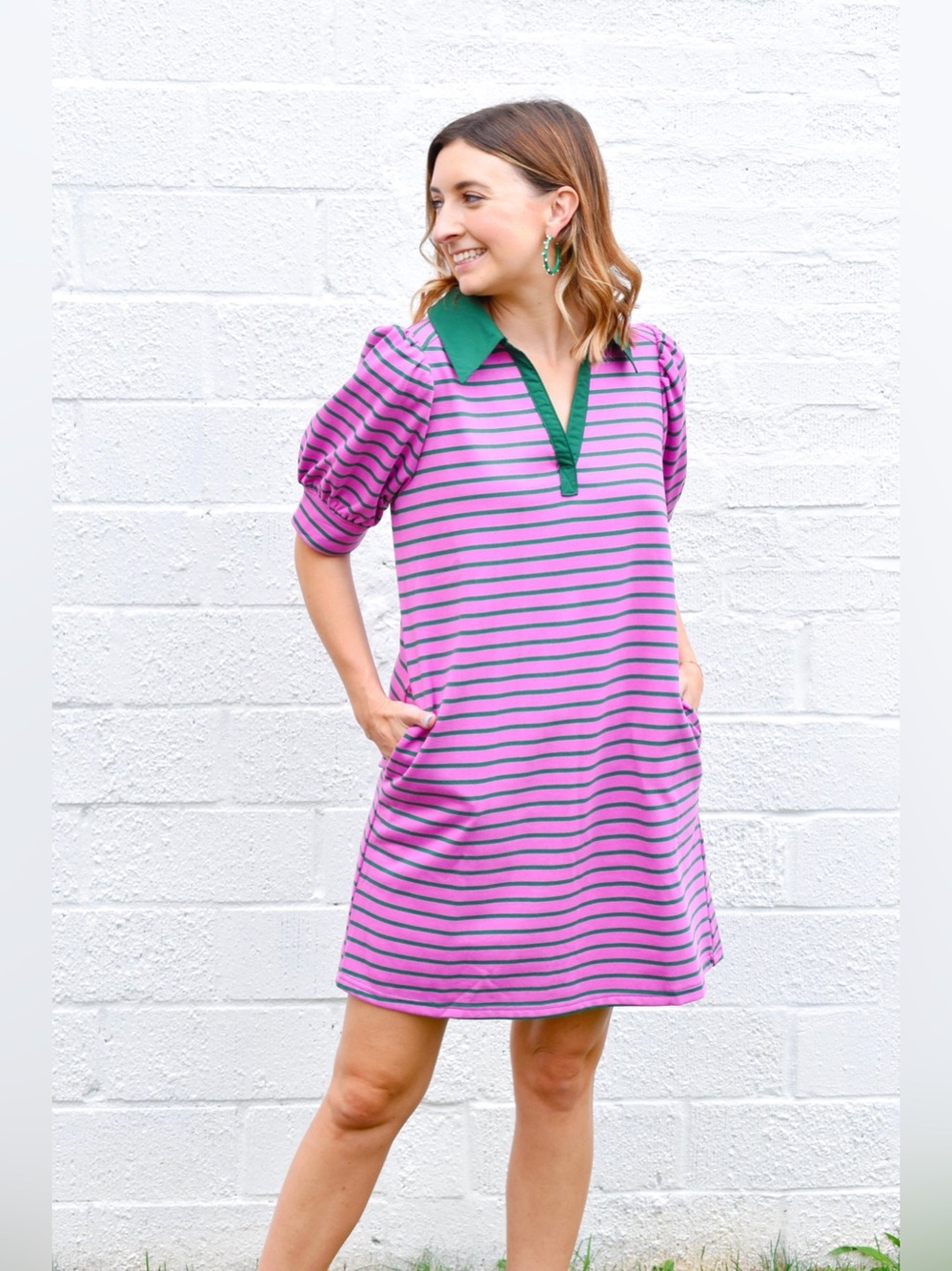 ENTRO Women’s Rugby Puff Sleeves Collared Dress in Orchard and Green